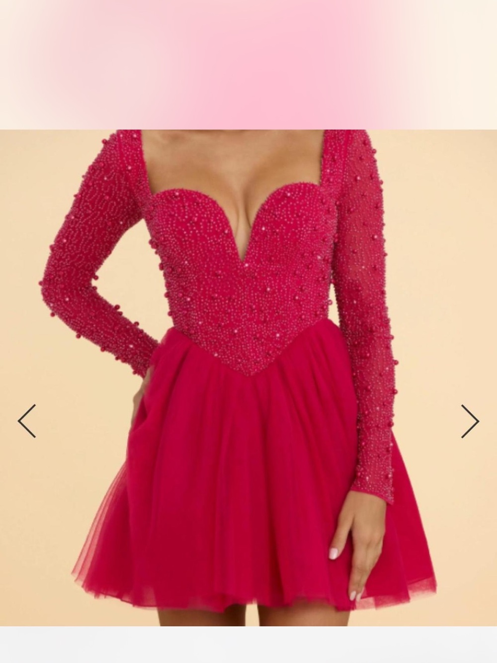 Oh Polly Beaded Long-Sleeve Sweetheart Mini Dress in Hot Pink